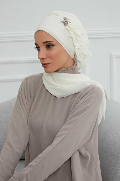 Aisha's Design Chiffon Ready-To-Wear Turban with Side Ruffles and Silver Accessories, Ht-106, Ht-106, Cream