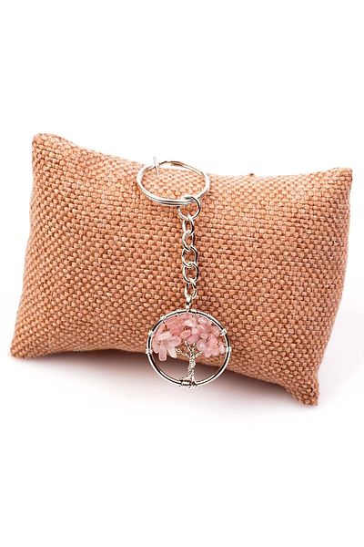 Taş Sandığı Pink Quartz Stone Tree of Life Keychain