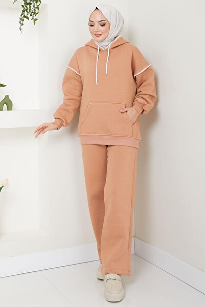 hafsamina Shepherd Embroidered Three Thread Raster Φούτερ με κουκούλα σετ Camel HM2579