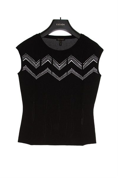 Escada Zigzag Patterned Crew Neck Sleeveless Black Sweater