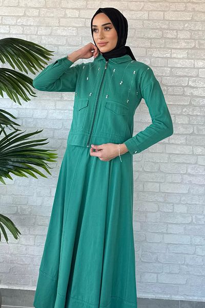 julude طقم جاكيت وتنورة حجاب بتفاصيل حجر أخضر