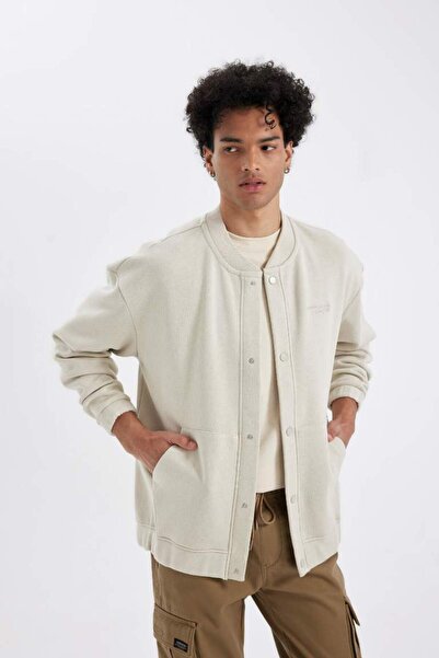 DeFacto Oversize Fit Kolej Yaka Bomber İçi Yumuşak Tüylü Hırka STONE