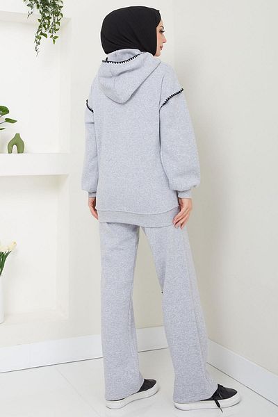 hafsamina Gray Shepherd Embroidered Three Thread Hooded Tracksuit Set - Hm2579