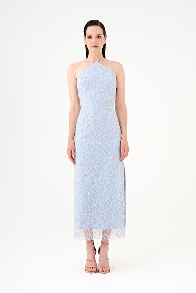 CENGIZ AKTURK İnci Detaylı Halter Yaka Midi Abiye Elbise - 9150C