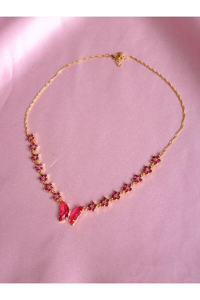 Reorah Collection Dark Pink Floral Butterfly Necklace with Zircon Stones