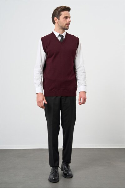 İmza Claret Red Plain Knitted V-Neck Classic Comfort Fit Knitwear 1012245003