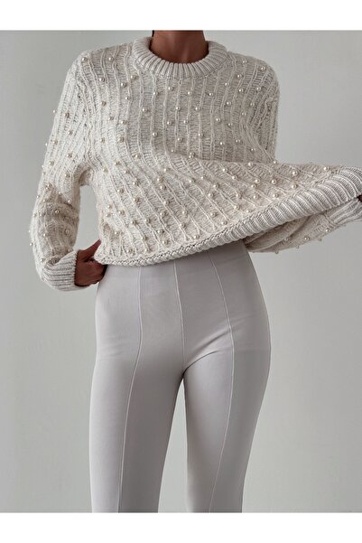 İLKCET MODA Жіночий светр з коміром-велосипедом та вишивкою з перлин