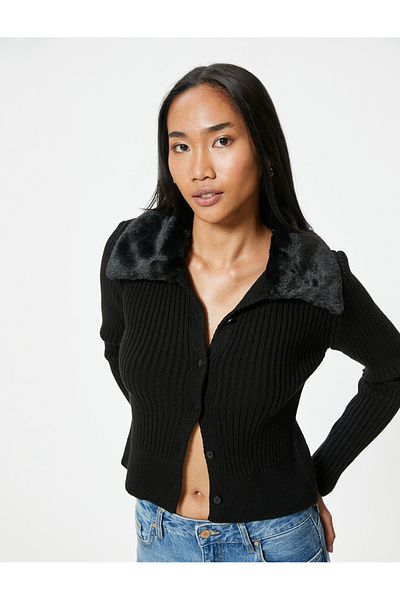 Koton Knitwear Cardigan - Faux Fur Collar with Buttons and Long Sleeves