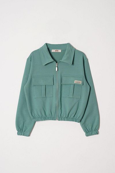 zepkids Polo Collar Zippered Bottom Cargo Pocket Elastic Leg Dark Green Color Girl's Tracksuit Set