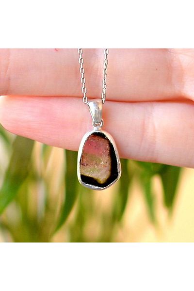 Taş Sandığı Watermelon Tourmaline Stone Silver Necklace