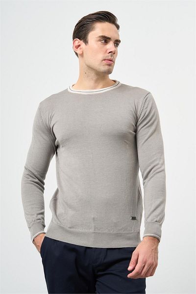İmza Gray Long Sleeve Plain Knitted Crew Neck Classic Slim Fit Knitwear 1012245108