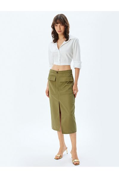 Koton High Waist Pocket Front Slit Detail Midi Pencil Skirt