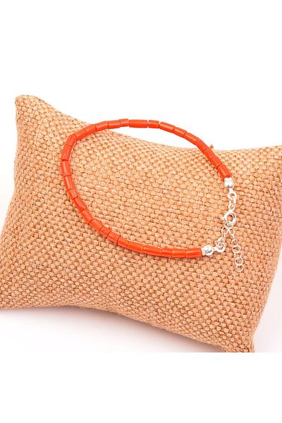Taş Sandığı Red Coral Stone Silver Bracelet - Unpainted Coral