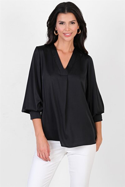 Spazio Marsh V Yaka Saten Bluz SİYAH