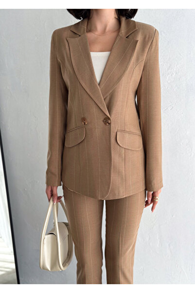 diaves Kahverengi Çizgi Desenli Blazer Ceket Boru Paça Pantolon Pamuklu Dokuma KumaşTakım Elbise