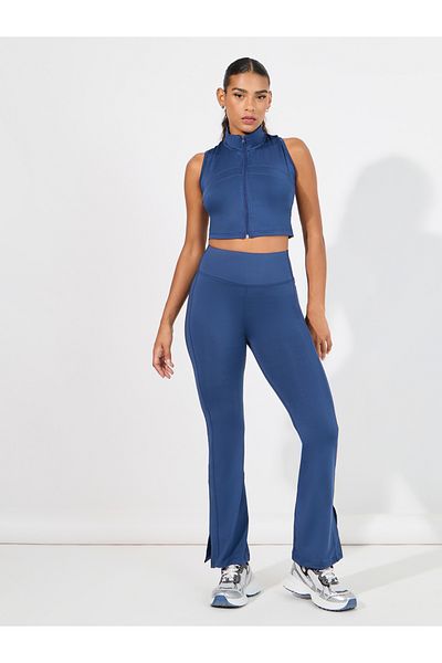 Styli Overall Tonal Stitch Detail Zip Up Longline Sport Bra & Flared Leggings Set