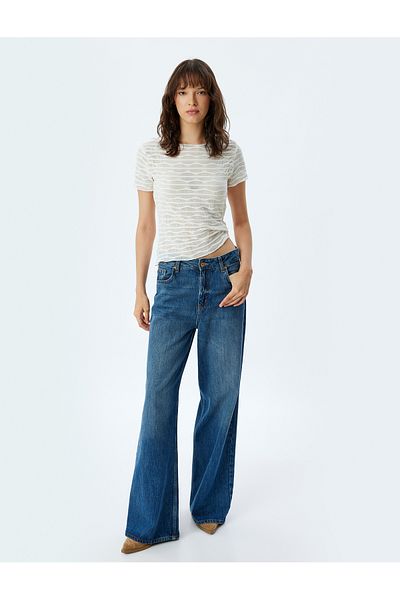 Koton Short Sleeve Round Neck Striped Semi Sheer Crop T-Shirt