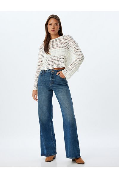Koton Openwork Tassel - Wide Long Sleeve and Round Neck Sweater