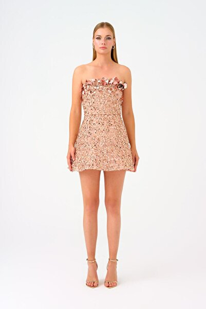 CENGIZ AKTURK Taş ve Payet İşlemeli Straplez Mini Abiye Elbise - 9012C