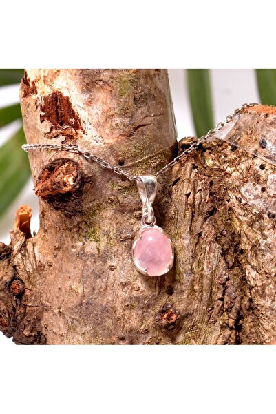 Taş Sandığı Berceste Model Pembe Kuvars Taşı Gümüş Kolye - Küçük Boy