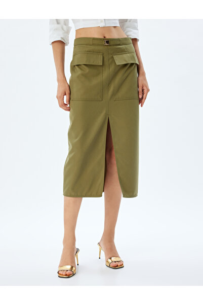 Koton Midi-Bleistiftrock mit hoher Taille, Taschen und Schlitz vorne