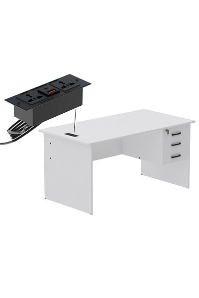 Mahmayi Writing Table With Hanging Pedestal Attached Desktop Socket With USB AC Port - White