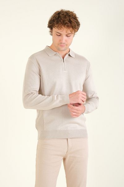 Giyim Dünyası Stone Color Men's Polo Collar Sweater - Half Zipper