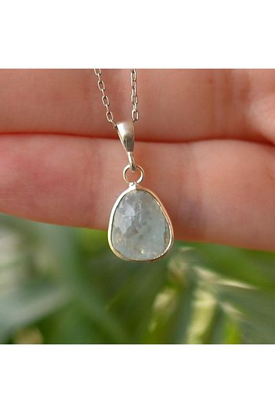 Taş Sandığı Aquamarine Stone Silver Necklace - Small Size