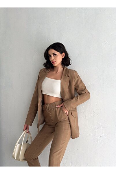 diaves Kahverengi Çizgi Desenli Blazer Ceket Boru Paça Pantolon Pamuklu Dokuma KumaşTakım Elbise