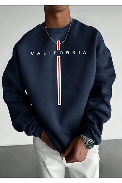 Buğraterzimoda California Printed Crew Neck Navy Blue Oversize Sweatshirt