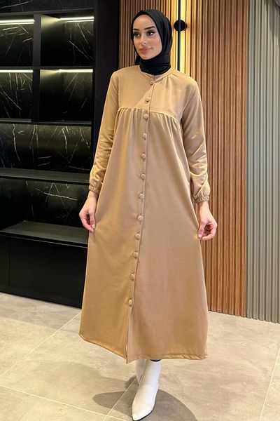julude Μπεζ φόρεμα Hijab με τσέπες με κουμπιά
