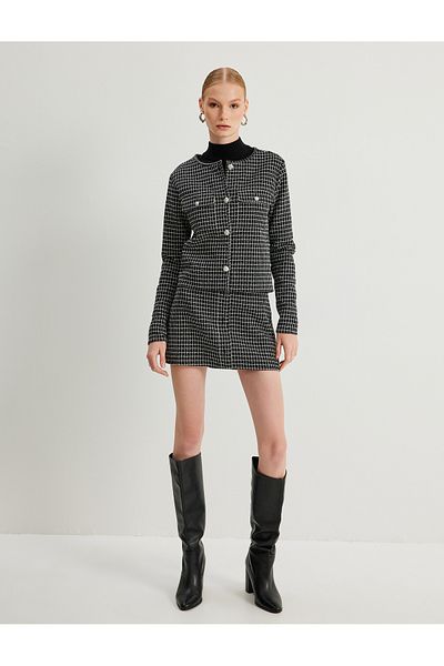 Koton Round Neck Buttoned Tweed Jacket with Flap Pocket Detail