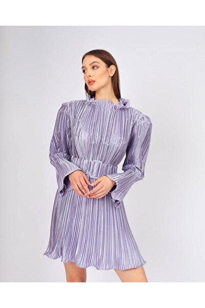 CENGIZ AKTURK Pleated Long Sleeve Short Evening Dress with Belt Detail - 4037C