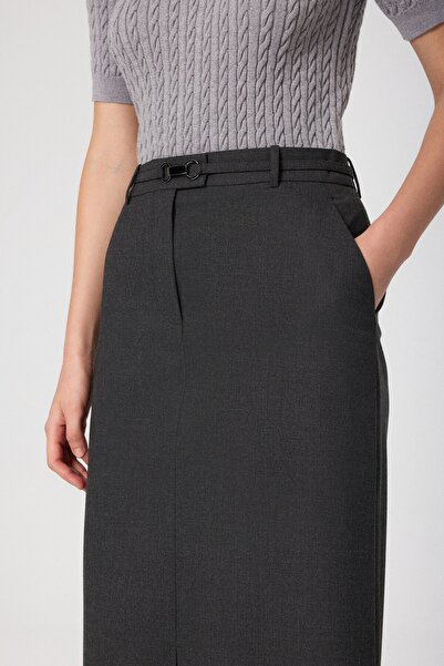 Mısırlı Gri Önü Yırtmaçlı Uzun Etek