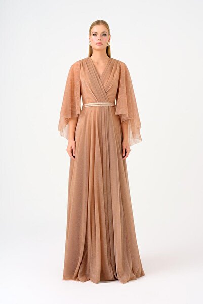 CENGIZ AKTURK Volanlı Yarım Kol Simli Uzun Abiye Elbise - 9144C