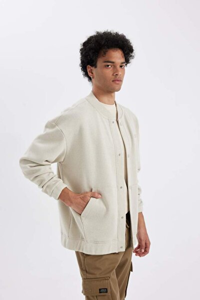 DeFacto Oversize Fit Kolej Yaka Bomber İçi Yumuşak Tüylü Hırka STONE