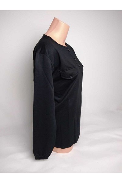 YAŞAR TRİKO Tricou bluză neagră pentru femei, cu decolteu rotund, cu nasturi, cu mânecă lungă, cu elastic la gleznă, cu două fire