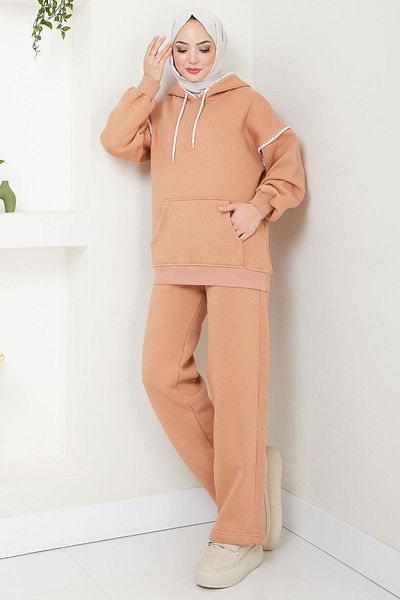 hafsamina Shepherd Embroidered Three Thread Raster Hooded Tracksuit Set Camel Hm2579