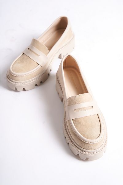 Mubiano Μπεζ Suede Γυναικείο Loafer - Χοντρή σόλα, Mb1190-bj