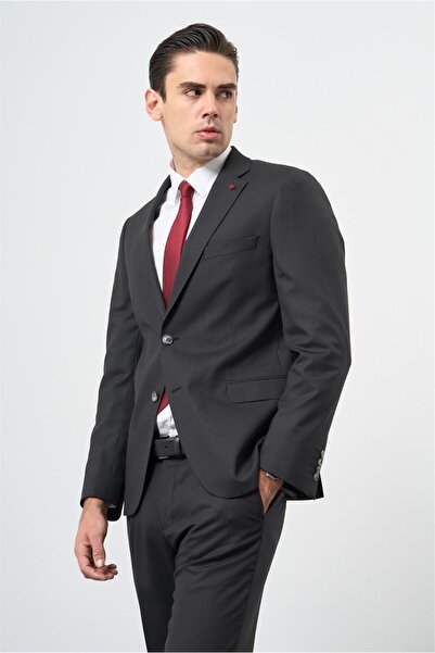 İmza Siyah Düz Mono Yaka Çift Yırtmaç 2 Düğme 6 Drop Comfort Fit Classic Takı...