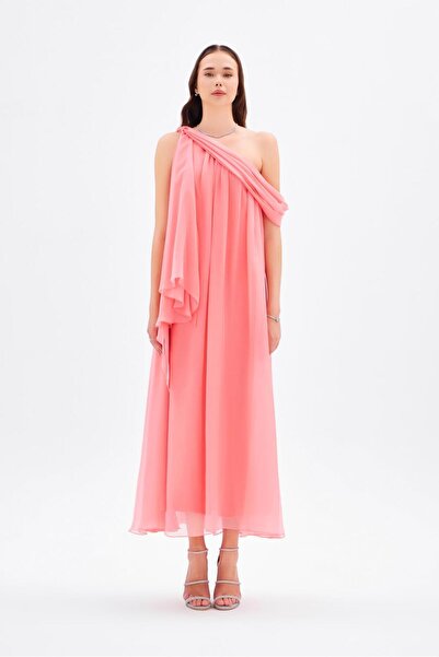 CENGIZ AKTURK Düşük Omuzlu Şifon Midi Abiye Elbise - 9081C