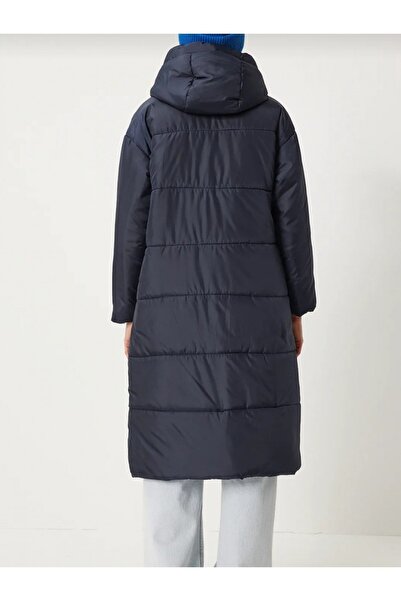 Modamorfo Fixed Hooded Long Coat with Bird Eye Detail - Dark