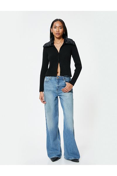 Koton Knitwear Cardigan - Faux Fur Collar with Buttons and Long Sleeves