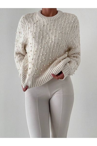 İLKCET MODA Crew Neck Pearl Embroidered Women's Sweater