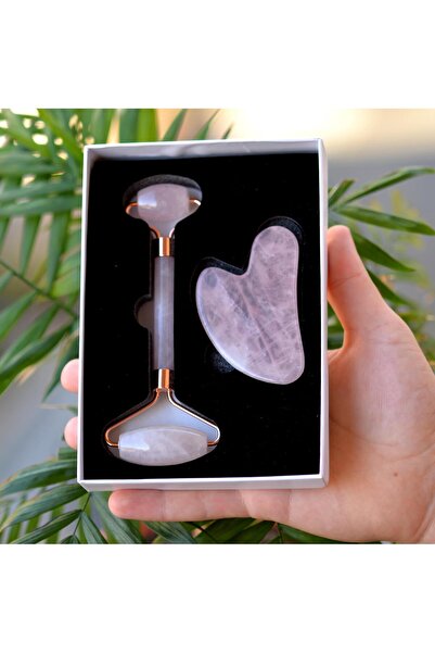 Taş Sandığı Pembe Kuvars Gua Sha Ve Roller Masaj Taşı Seti