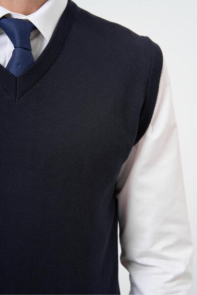 İmza Dark Navy Blue Plain Knitted V-Neck Classic Comfort Fit Knitwear 1012245003