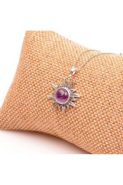 Taş Sandığı Amethyst Stone Silver Necklace - Sun Shaped Necklace