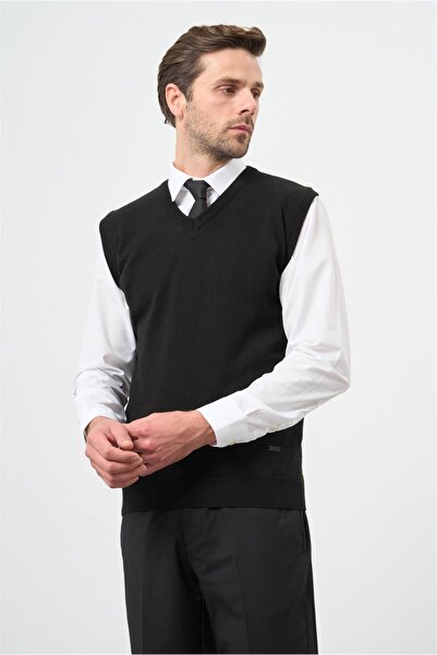 İmza Black Plain Knitted V-Neck Classic Comfort Fit Knitwear 1012245003