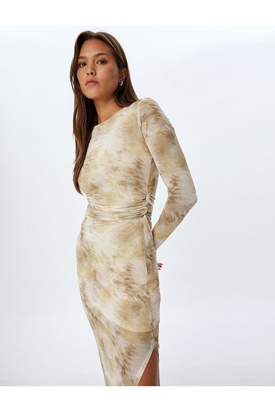 Koton Drape Detail Long Sleeve Crew Neck Slit Pencil Dress