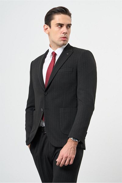 İmza Black Pattern Slim Fit Suit with Sword Collar Waist and Elastic 6 Drop Classic